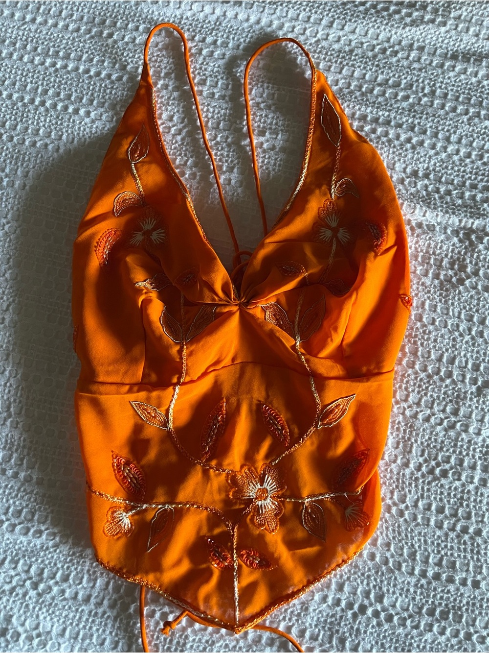 Y2k Orange Embroidered Beaded Halter Top